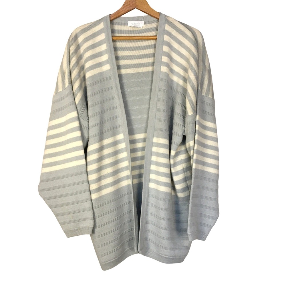 Schrader Separates Cardigan‎ Gray Cream Stripe Open Front Knit L Dolman Sleeve